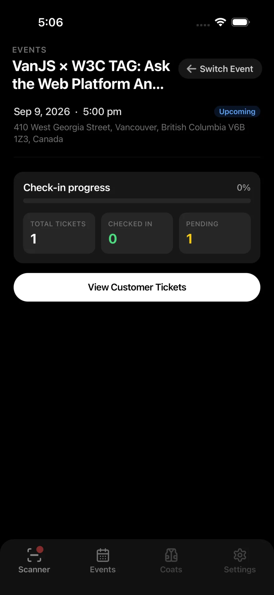 Staff app showing live event check-in progress
