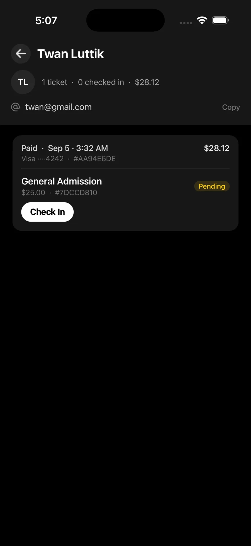 Staff app guest ticket with a Check In action