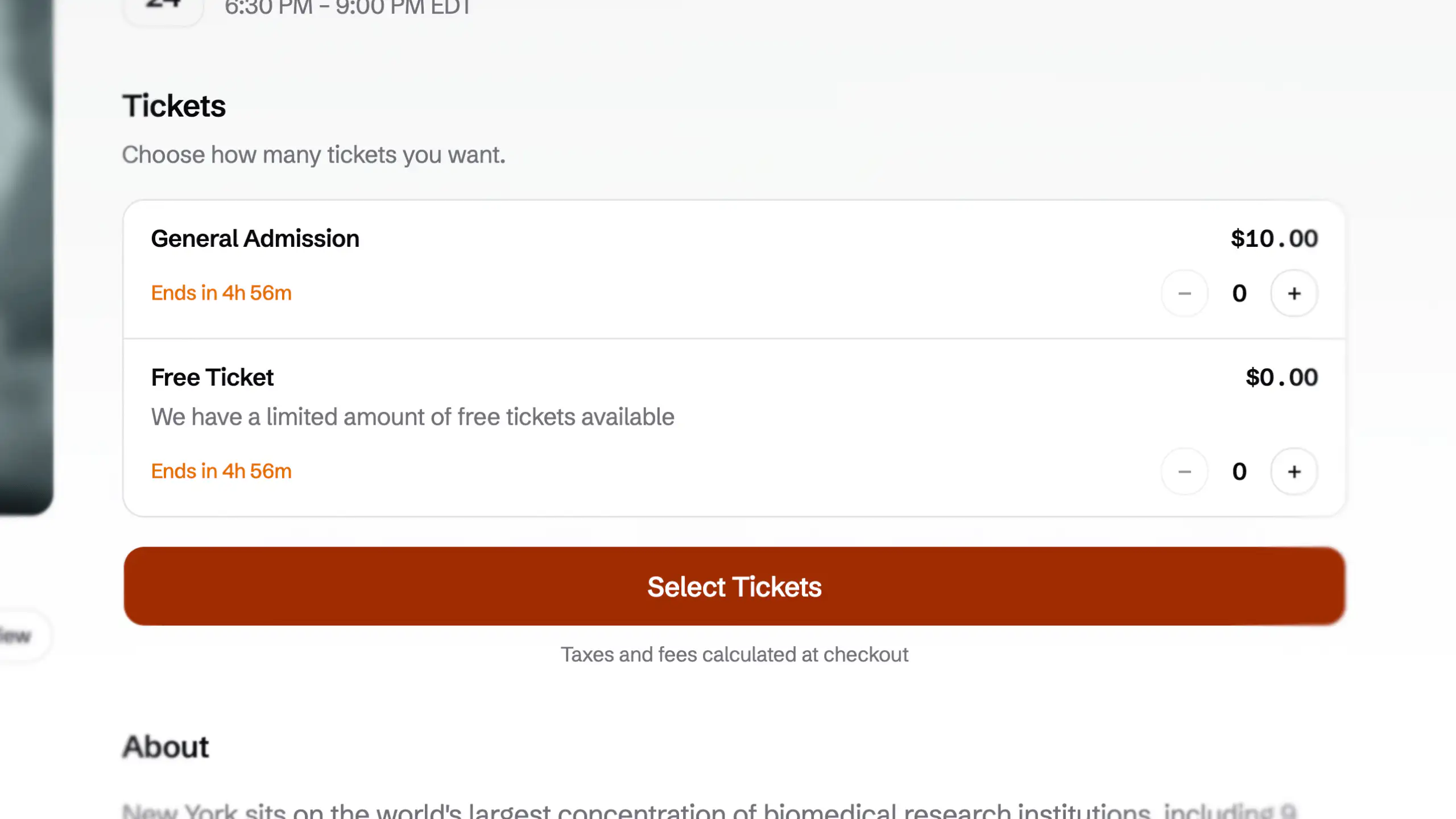 Event tickets with a paid General Admission tier and a Free Ticket tier at $0.00