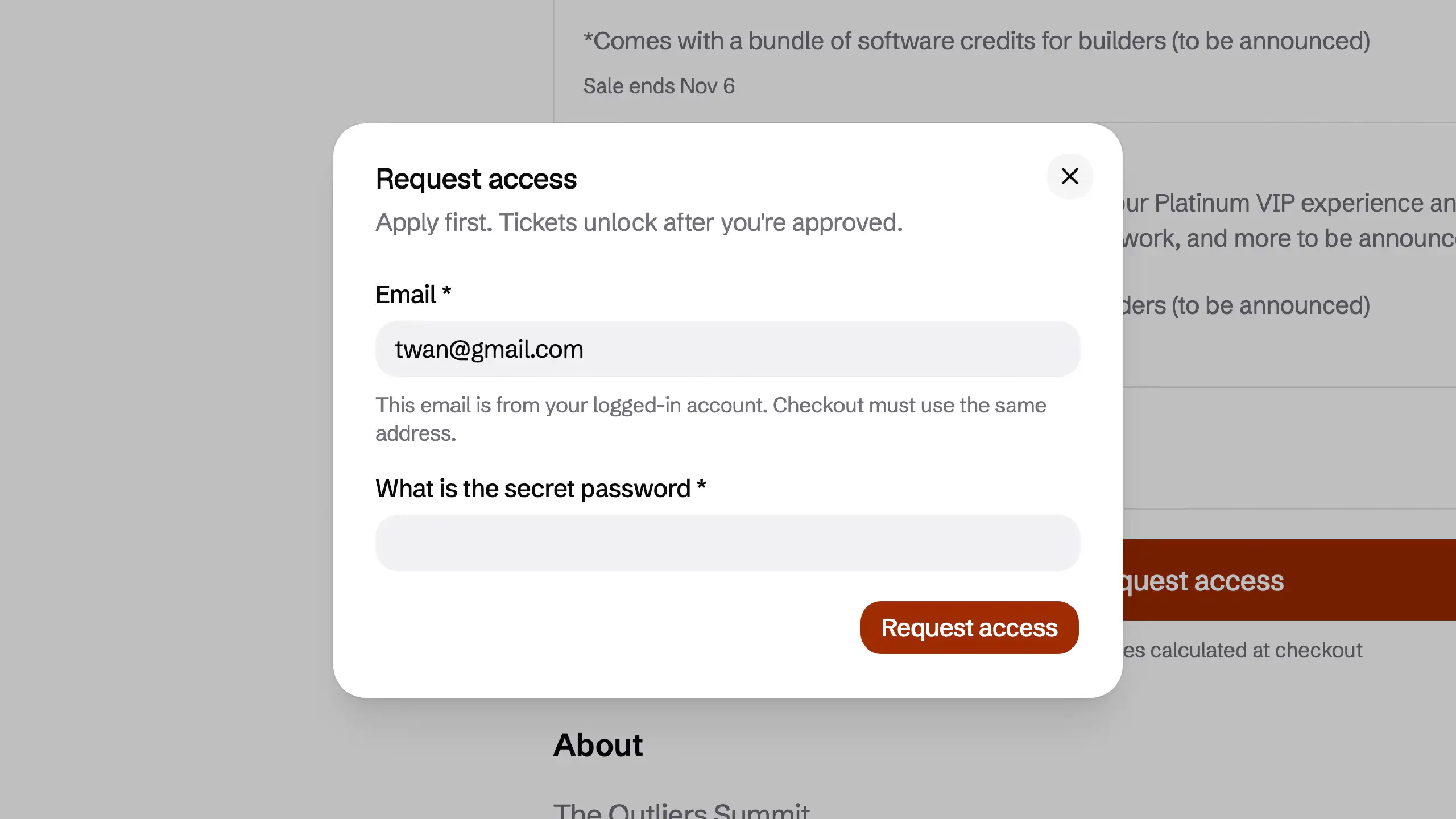 Request access dialog. Guests apply with their account email, and tickets unlock after approval.
